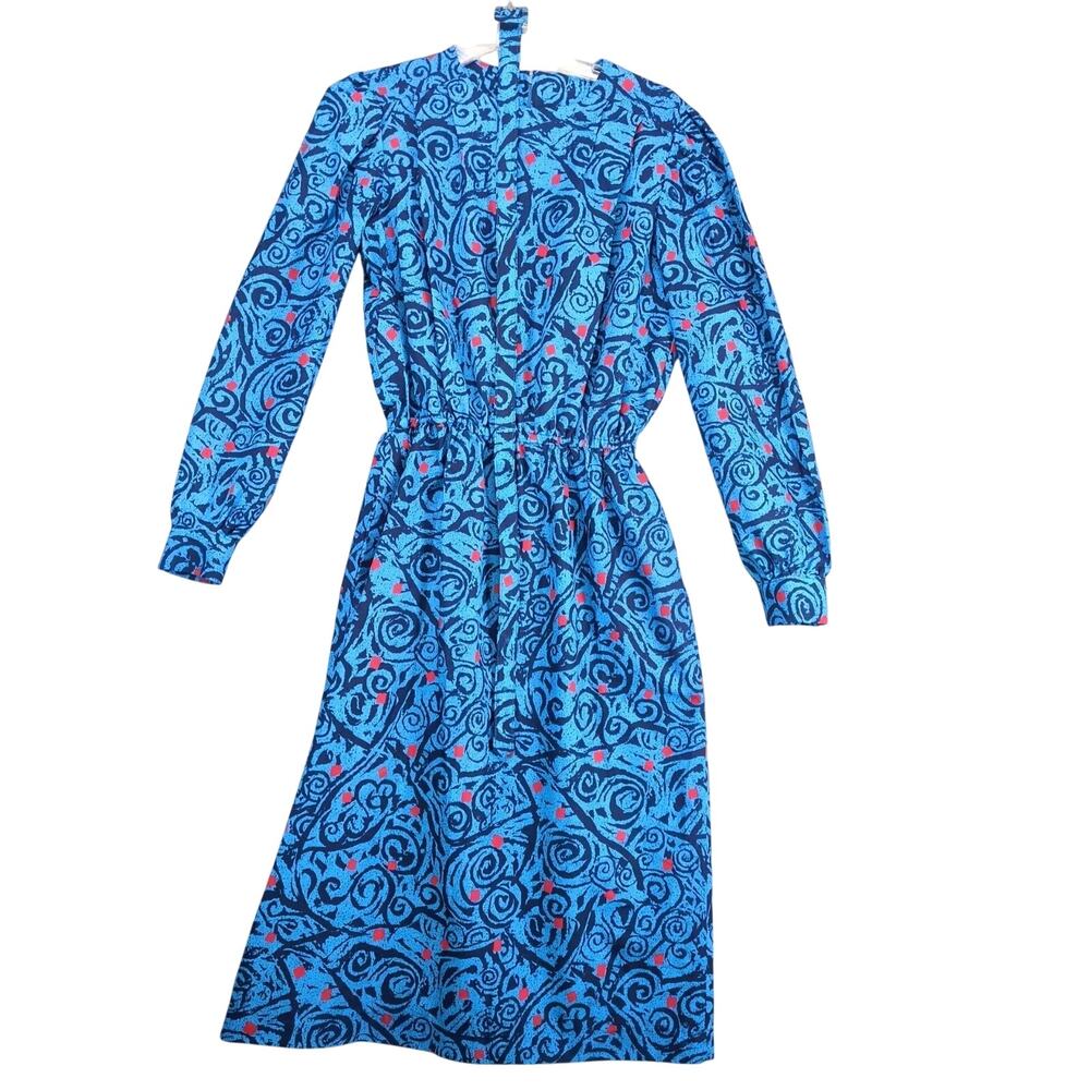 Vintage 1980s Handmade Blue Swirl Belted Blouson Dress Sz M Puff Shoulders Retro